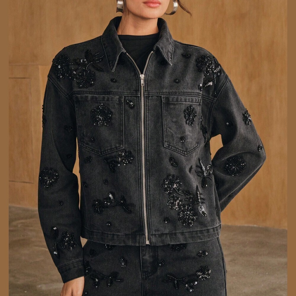Black Denim Sequin Beaded Floral Embellished Zip Front Jacket